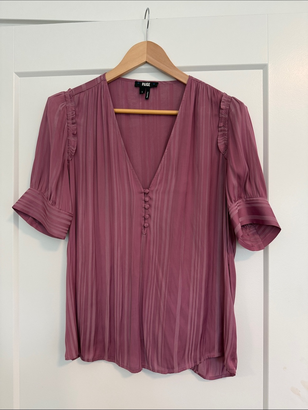 PAIGE Dusty Rose V-Neck Pleated Short Sleeve Blouse S